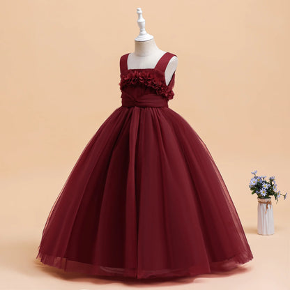 Mädchen Partykleider Weiß Langes Hochzeit Brautjungfer Prinzessin Kleid Abend Tüllkleid Abschlussball Klavier Performance Kleid