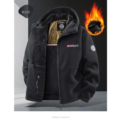 CHUJIE Men's autumn and winter fleece fashion graphenewarm hooded jacket outdoor hiking sports with thick fleece cardigan jacket.