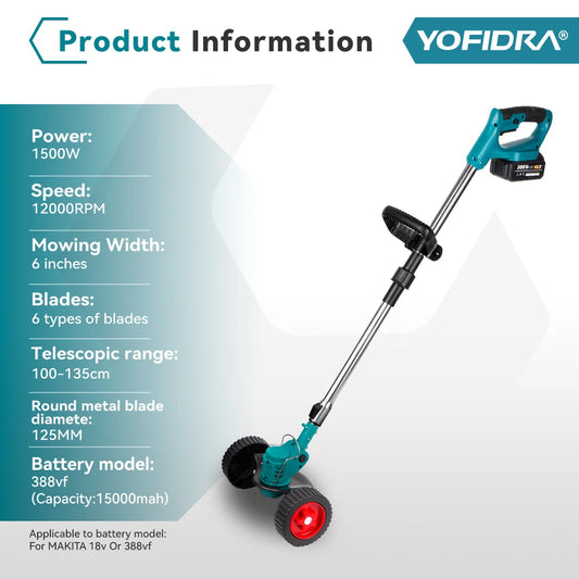 YOFIDRA 100–135 cm elektrischer Rasenmäher, 1500 W, kabellos, faltbar, Trimmer, Beschneiden, Schneiden, Garten, Elektrowerkzeug für Makita-Akku-Pin