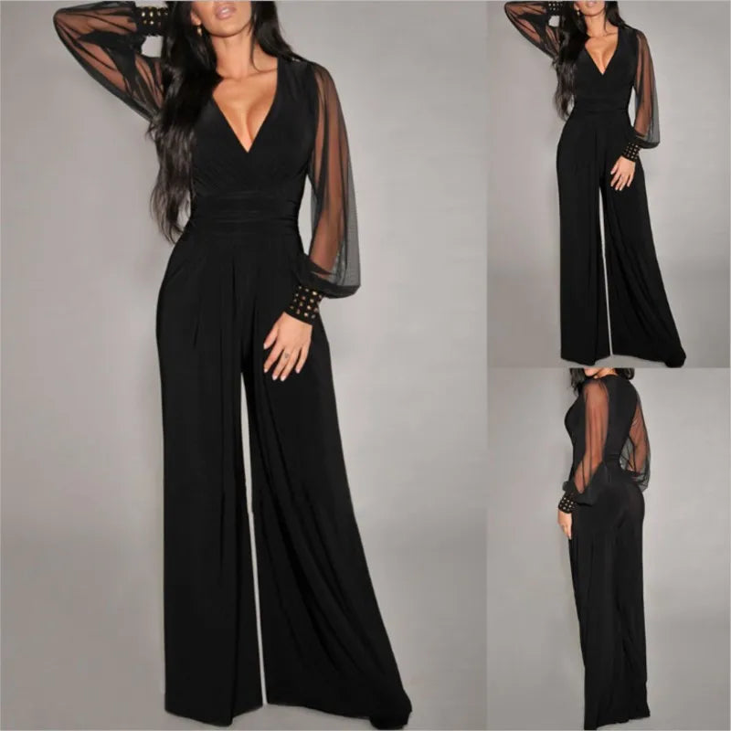 Autumn New Women's Jumpsuit Black V-neck Mesh Splicing Wide-leg Pant Female One-piece Jumpsuit Sexy Streetwear Clothes.