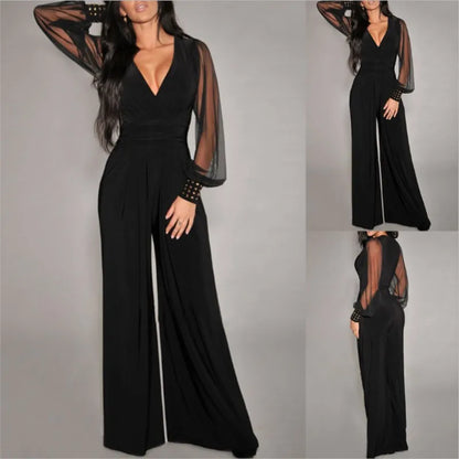 Autumn New Women's Jumpsuit Black V-neck Mesh Splicing Wide-leg Pant Female One-piece Jumpsuit Sexy Streetwear Clothes.