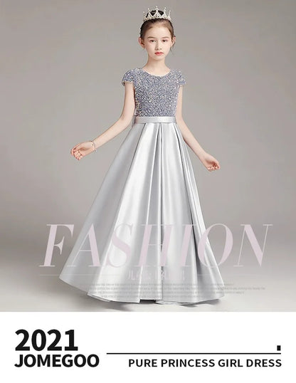 Mädchen-Klavierkleid, graues Pailletten-langes Performance-Kleid, Prinzessinnenkleid, Kinder-Host-Show-Performance-Kleid, Sommer