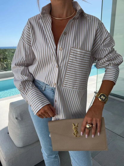 2025 New Women's Shirt Long Sleeve Striped Pocket Button Blue Casual Loose Top Street Office Pink Blouses.