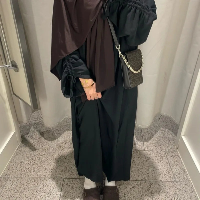 2024 Saudi Arabia Muslim Women Modest Dress Eid Dubai Plain Abaya Islamic Holiday Party Solid Turkey Lace-up Cuffs Long Clothes.