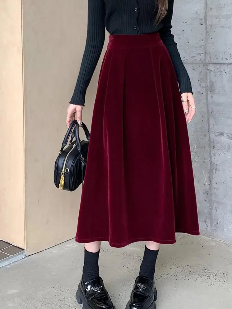 Autumn Winter Warm Vintage Red Elegant Velvet A-line Skirt For Women 2024 High Waist Casual Black Party Pleated Big Swing Skirts.