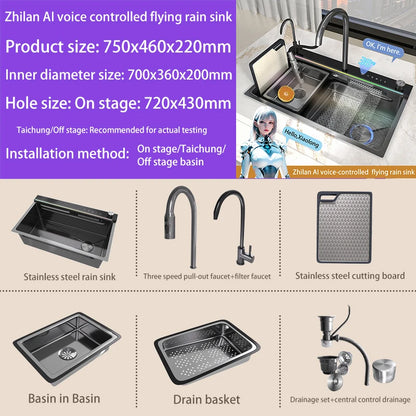 AI voice-controlled Stainless Steel Kitchen Sink With Waterfall  Embossed Large Single Slot Multifunction Dishwashing Sinks