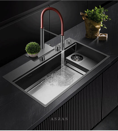 ASRAS New Waterfall Faucet Kitchen Sinks Nanometer Large Size 4mm Panel Handmade Sinks Cup Rinser Kitchen Sinks
