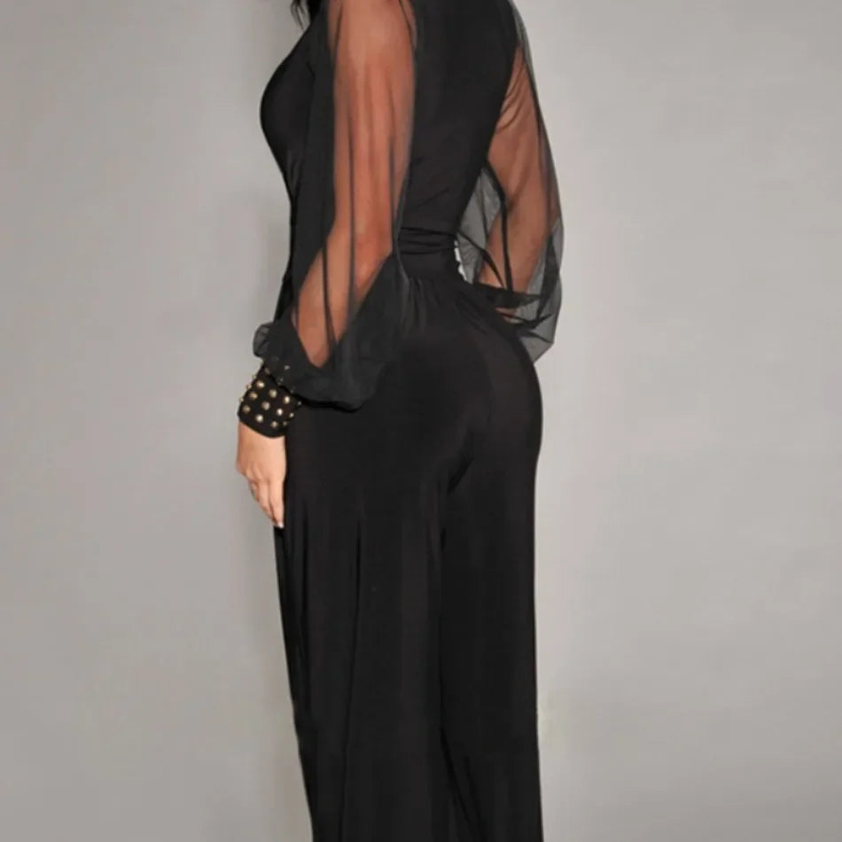 New In Spring Summer Women's Jumpsuit Black V-neck Mesh Splicing Straight One-piece Female Jumpsuit Sexy Streetwear Clothes.