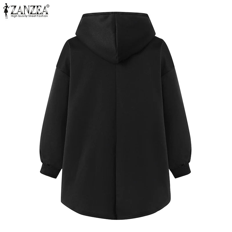ZANZEA Plus Größe Sweatshirt 2025, Mode Herbst Winter Solide Frauen Warme Kapuze Tops Lose Beiläufige Pullover Langarm Hoodies