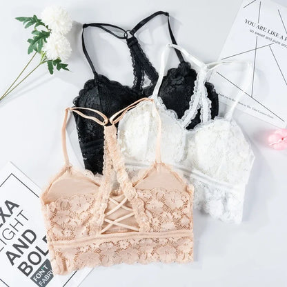 Women White Crop Tops Lace Print Camisole Sexy Hollow Backless Bra Removable Chest Pad Bralette Solid Beauty Back Tank Top.
