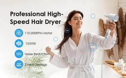 High Speed Hair Dryer ABIR SU9,360° Rotating Magnetic Nozzle,200mil Negative Ions,Low Noise,Blow Dryer 1600W Quick dry for Home.