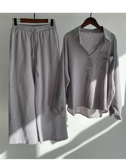 Pants Set Women Shirts Wide Leg Elastic Waist Cotton Linen Casual Sets Elegant Loose Long Sleeve Lapel Spring Shirt Y2k Suit