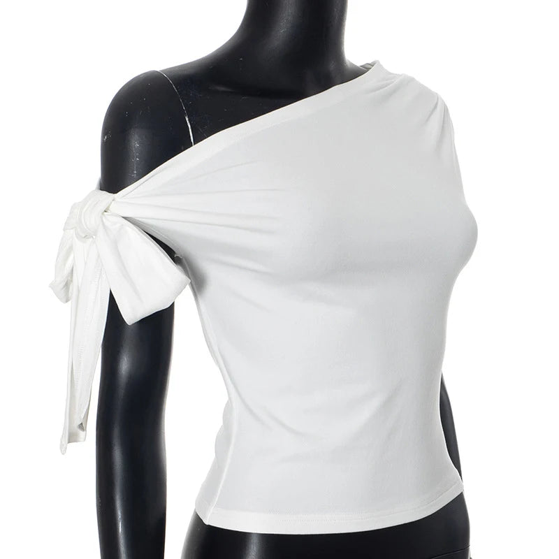 2025 Women'S Summer Ins Style New Shrink Pleated One-Shoulder Crop Top Backless Twist Tie Asymmetric T-Shirt Casual Top.