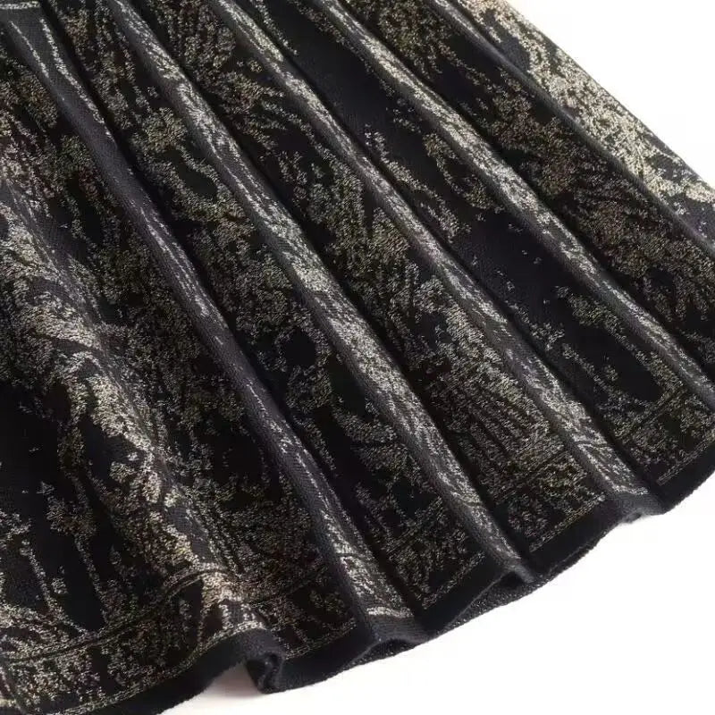 FairyShely Pleated Knitted Skirt For Women 2025 Autumn Winter Warm High Waist Long Skirts Ladies Plus Size Black A-line Skirt.