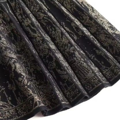 FairyShely Pleated Knitted Skirt For Women 2025 Autumn Winter Warm High Waist Long Skirts Ladies Plus Size Black A-line Skirt.