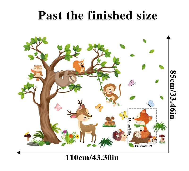 Cartoon tree deer fox monkey sticker for living room kids room decoration self adhesive wall decor.
