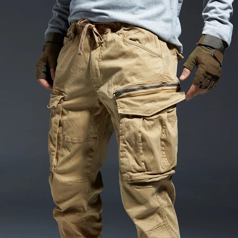 Ankle Length Jogging Pants Men Denim Cotton Pockets Elastic Waist Cargo Pants Men 2020 Winter Thick Tactical Pants.