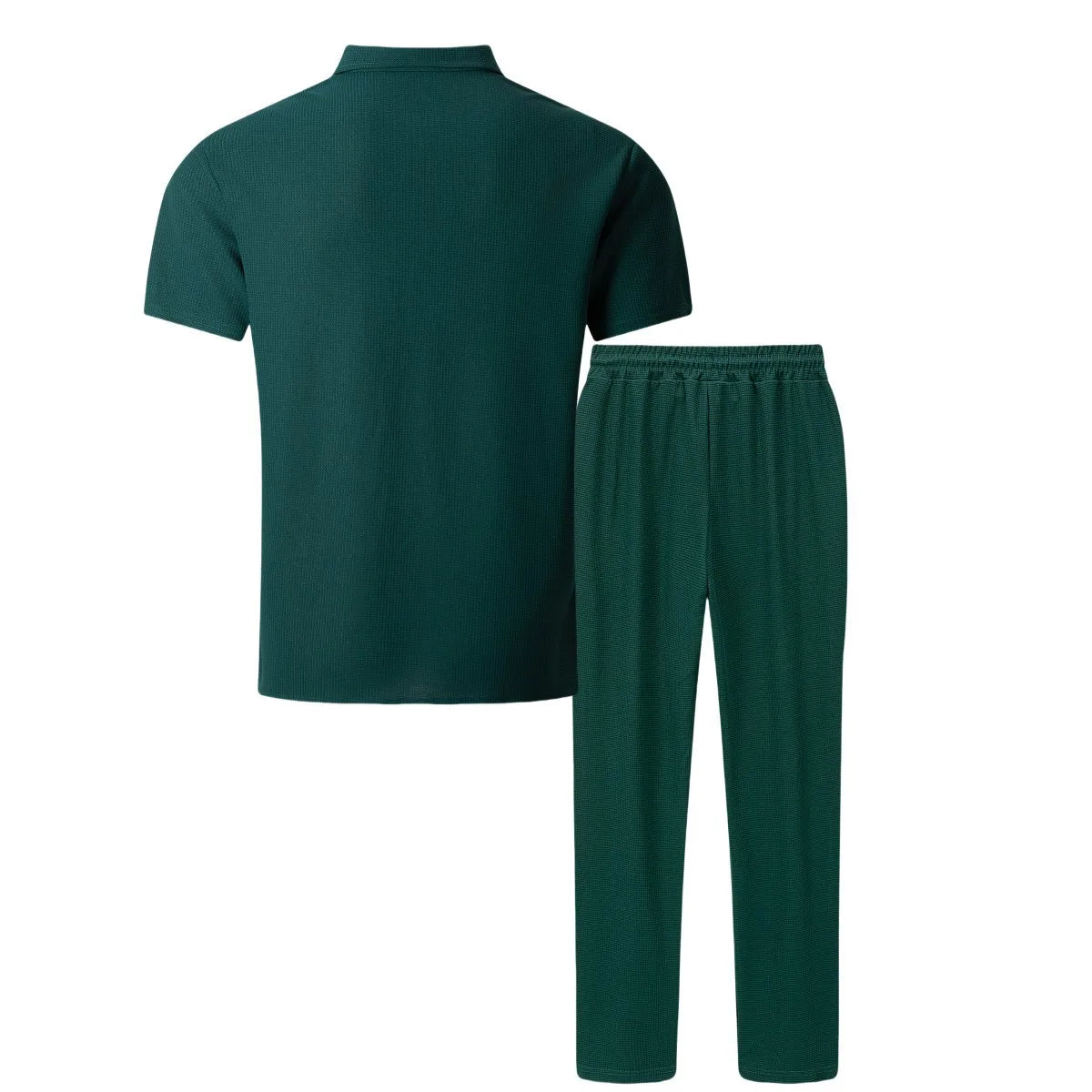 2025 Summer New Men Light Ripe Casual solid Color Button Pocket Fashion Waffle trend Shirt Short-Sleeved Trousers Two-piece Set.