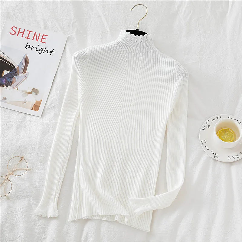 2026 weibliche Dünne Koreanische Strickwaren Tops Herbst Winter Pullover Frauen Hohl-out Pullover Langarm Rollkragenpullover.