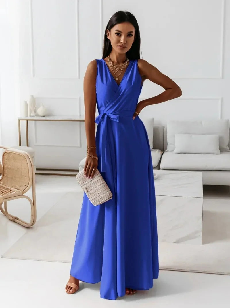 Frühling Sommer Neue Stil frauen Lange V-ausschnitt Kleid Reine Farbe Maxi Kleid Ärmelloses Empire-Taille Kleid für Damen Modische