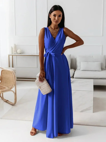 Frühling Sommer Neue Stil frauen Lange V-ausschnitt Kleid Reine Farbe Maxi Kleid Ärmelloses Empire-Taille Kleid für Damen Modische
