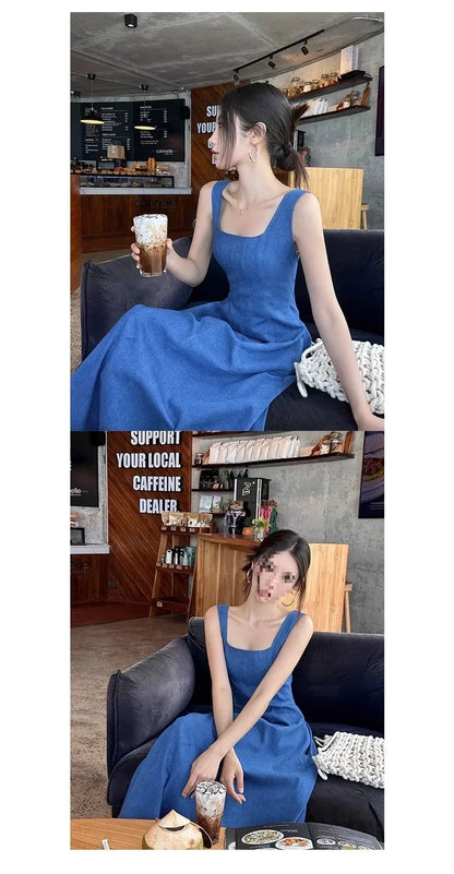 Blue Mist Love Französisches Jeanskleid für Damen, Sommer, einzigartiges Design, Taille, Cinching-Riemen, langes Kleid, elegante blaue Polyesterfaser