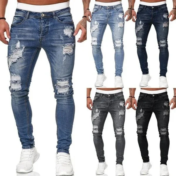Zerrissene mittlere Taille Slim Fit Herren Jeans Vintage Denim Punk Wash Solid Punk Style Skinny Bleistifthose Distressed Holes Knöchellänge.