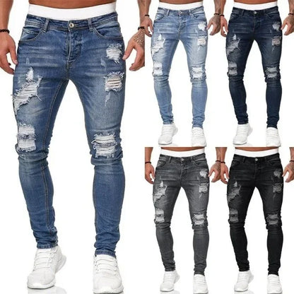 Zerrissene mittlere Taille Slim Fit Herren Jeans Vintage Denim Punk Wash Solid Punk Style Skinny Bleistifthose Distressed Holes Knöchellänge.