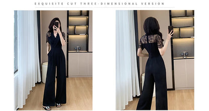 V-neck Solid Office Jumpsuit Women Elegant High Waist Wide Leg Pants Overall 2025 Fashion Slim Hollow Solid Color Romper.