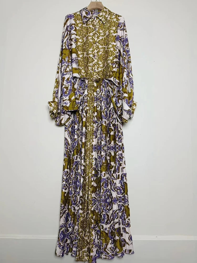 Designer's retro geometric print loose shirt two-piece set for Spring 2025 women's wear + pleated wide-leg pants fashion set