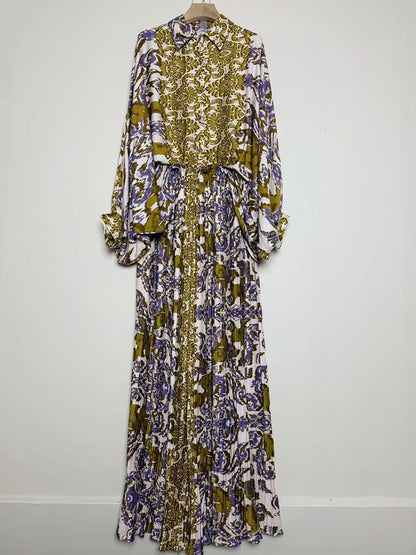 Designer's retro geometric print loose shirt two-piece set for Spring 2025 women's wear + pleated wide-leg pants fashion set