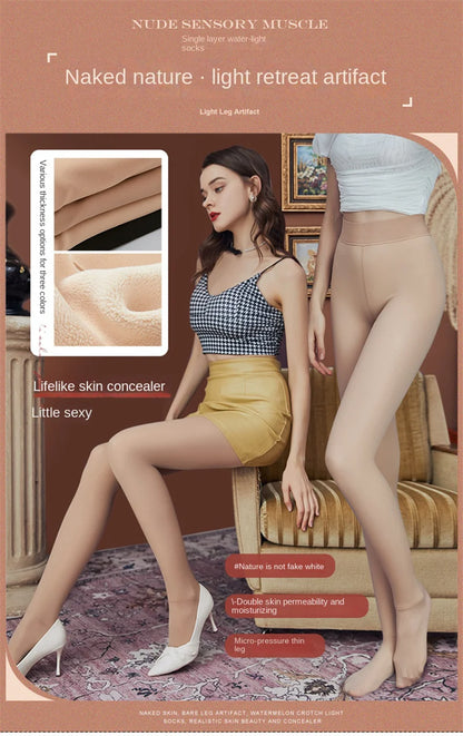 Winter Thermal Pantyhose Women Thicken Stockings Fake Translucent Pantyhose Fleece Lined Tights High Waist Elastic Wool Socks