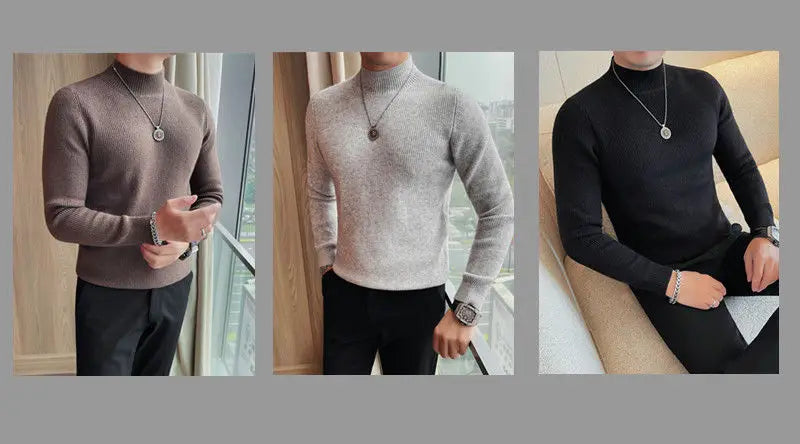 Half Turtleneck Sweater Men with Striped Wool in Autumn Winter Thickened Slightly Loose Base Knitted.