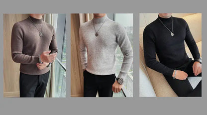 Half Turtleneck Sweater Men with Striped Wool in Autumn Winter Thickened Slightly Loose Base Knitted.