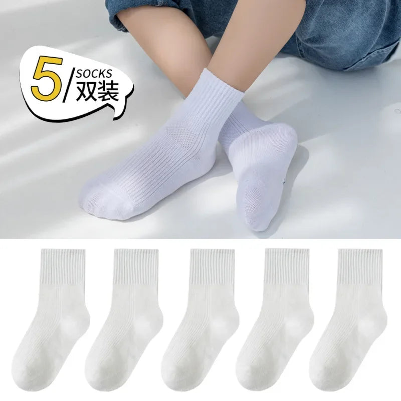 5 Pairs Pure Cotton Children Boy Socks Black White Grey Solid Color Unisex Breathable Sports School Socks Baby Girl Calf Socks