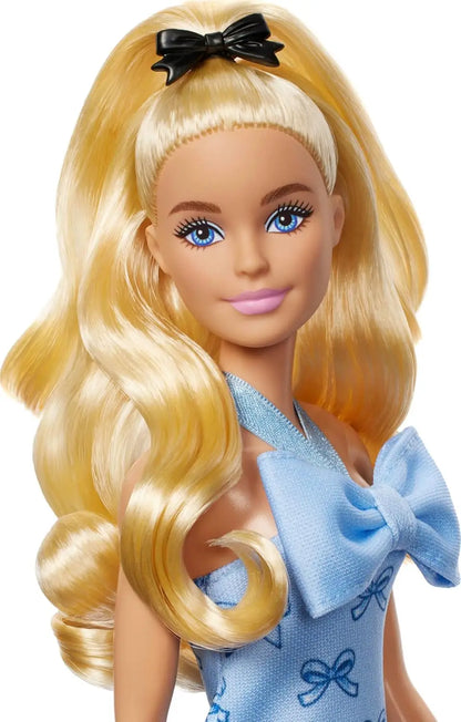 Origianl Barbie Fashionistas Doll 237 Toy Girl Wavy Blonde Ponytail Blue Bow Halter Dress Black Hair Bow Accessory Birthday Gift.