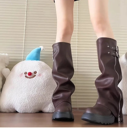 Punk Style Splicing Thick Bottom Women Knee-High Boots Fashion Zipper Female Pleated Knight Long Booties Shoes.