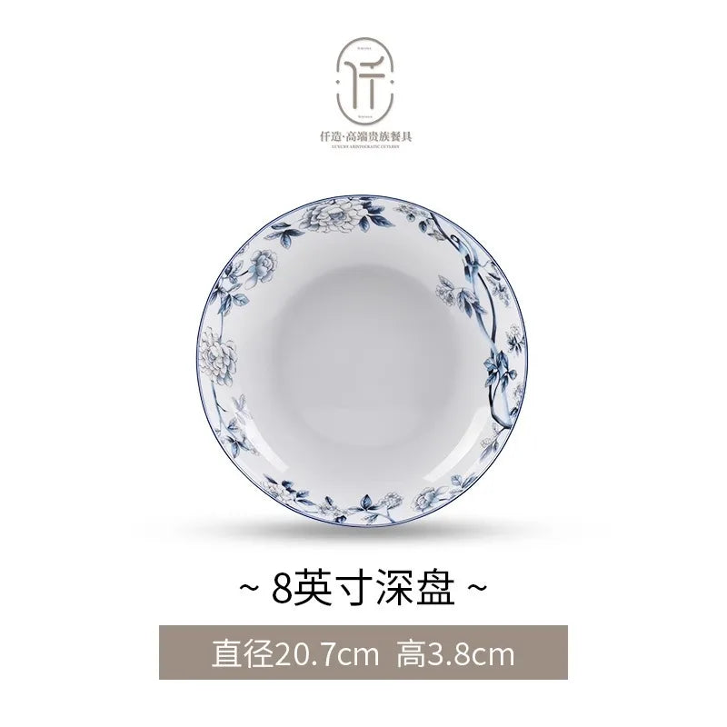Blue Peacock Bone China Dining Plate Blue and White Kitchen Tableware Flower Ceramic Tableware Home Dining Bar Main Course Plate.