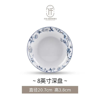 Blue Peacock Bone China Dining Plate Blue and White Kitchen Tableware Flower Ceramic Tableware Home Dining Bar Main Course Plate.