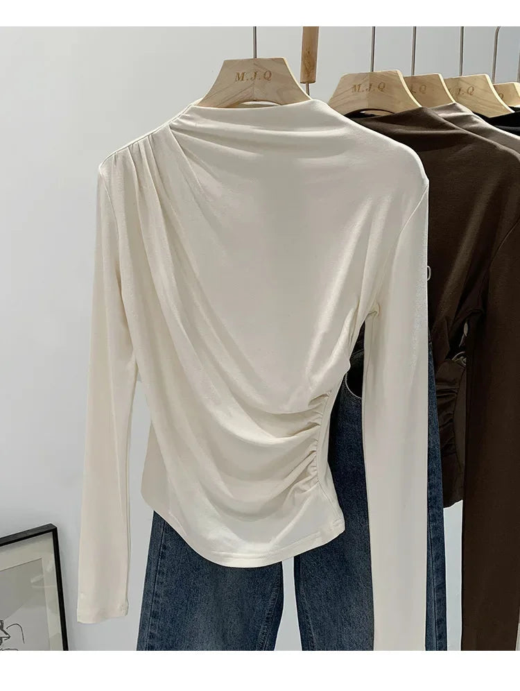 Early Autumn Pure Color High Neck Pleated Slim Fit Sexy Base Shirt Women's Fashionable Crew Neck T-shirt Full Sleeve China Origi.