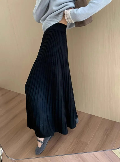 2026 Khaki Cashmere Knitted Midi Skirt for Women, Loose Fit, Draped, Slimming A-Line Pleated Skirt for Autumn and Winter