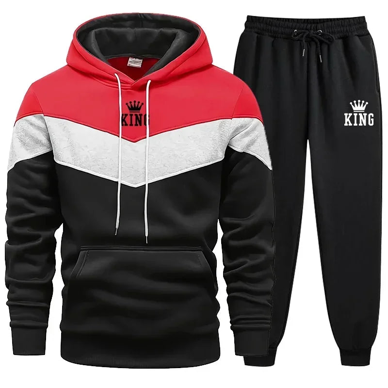 Mens Tracksuit King Printing Sports Suit Sports Hoodie+Pants 2 Piece Suit Casual Sweatshirt Suit Jogging Men's Splicing Clothing.