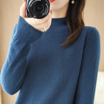 Herbst Winter Frauen Pullover Koreanische Mode Warme Bodenbildung Shirts Halb Hohe Kragen Grundlegende Strickwaren Solide Langarm Pullover