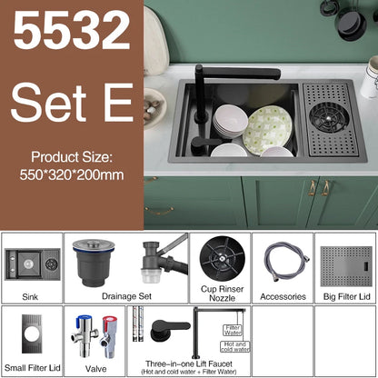 ASRAS Nano Black Small Size Kitchen Sink Cup Washer Hidden Bar Counter Cover Concealed Single Bowl Sinks With Lifting Faucet