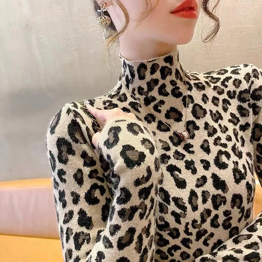 Herbst Winter Mode Alle-spiel Leopard Print Pullover Frauen Kleidung Elegante Dünne Halb Hohe Kragen Langarm Pullover Y2k top