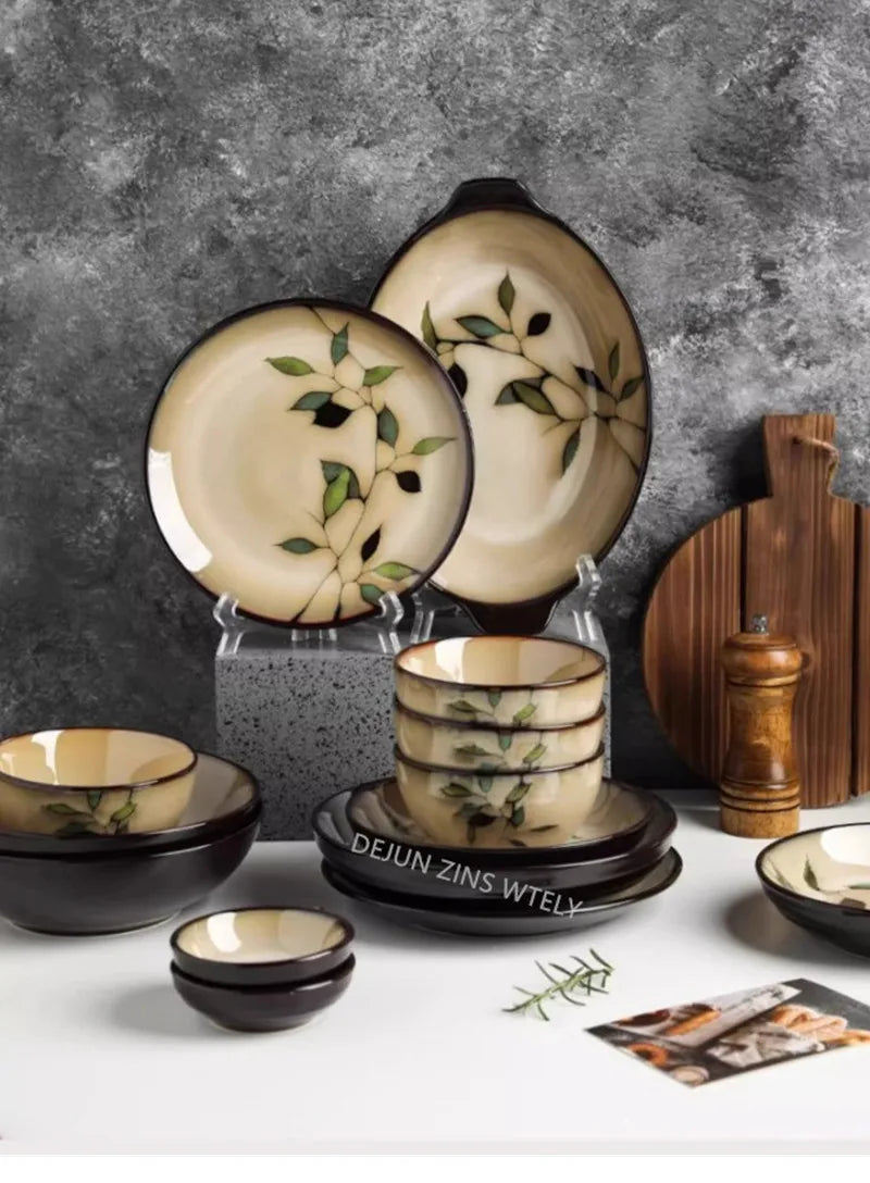 1Pc Vintage Bamboo Leaf Ceramic Bowl Salad Plate Exquisite Ceramic Cutlery Household Noodle Bowl Western Steak Cake Sushi Plate.