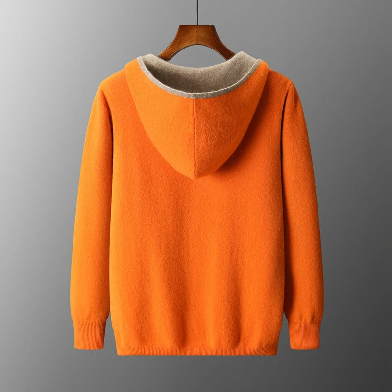 Autumn Winter Pure Cashmere Sweater Double-sided Cardigan Men's Casual Zipper Thickened Cashmere Knitted Hooded Sweater Coat.