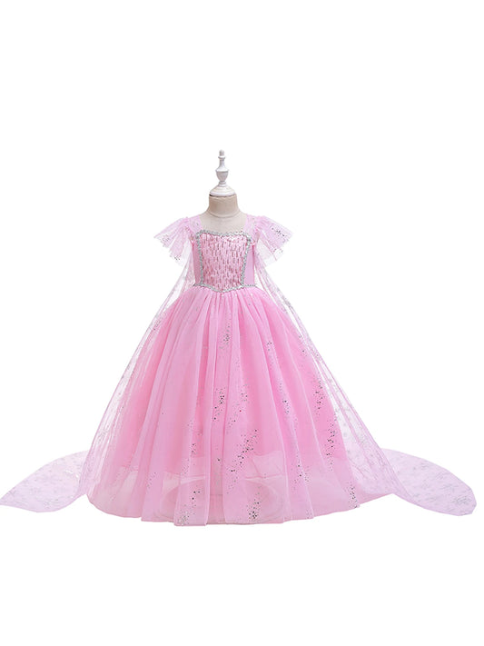 Mädchen rosa Pailletten Mesh Prinzessin Kleid, Mesh kurze Ärmel, mit Umhang, geeignet für Party, Tanz, Performance, Karnevals kleid