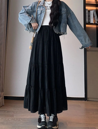 Spring Summer Women Long Skirts Fashion High Waist Elastic Patchwork A-Line Skirt Casual All-Match White Cake Maxi Skirts Female.