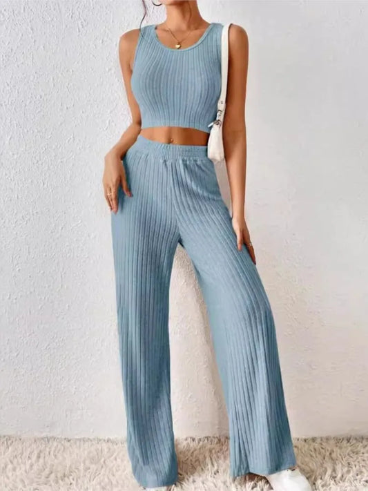 New Spring Solid Color Fashion Casual Knitted Cotton Waist Sleeveless Tank Top High Waist Pants Set For Women's Clothing.